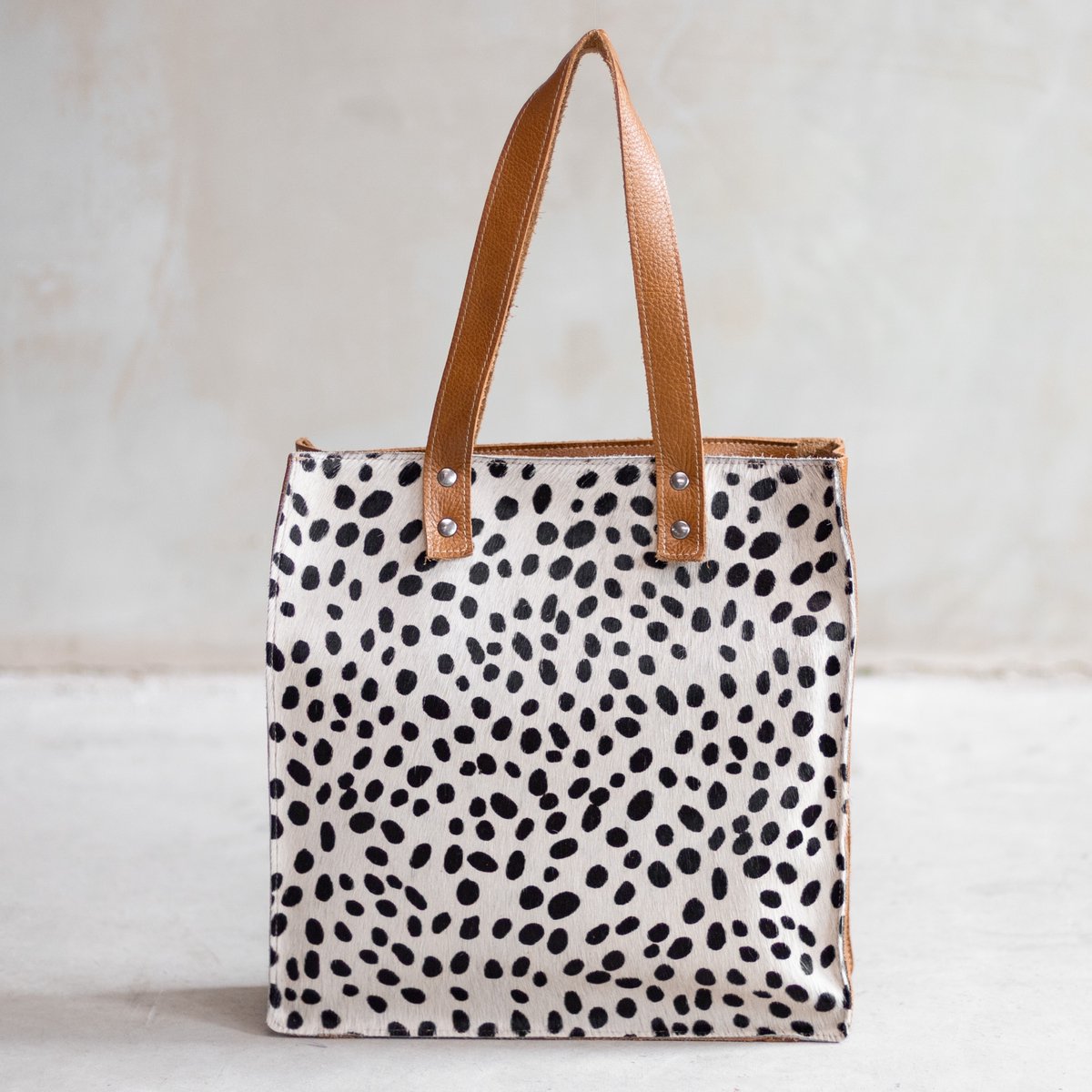 Leren shopper - Cognac/dalmatiër print | Koeienhuid shopper