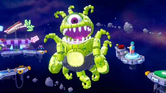 Een grote, groene, eenogige LEGO-monster met veel armen zweeft in de ruimte, met zwevende eilanden en ruimteschepen op de achtergrond.