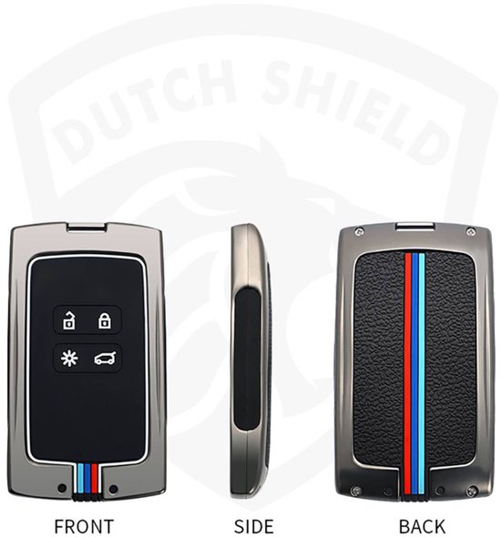 Voor-, zij- en achterkant van een grijze autosleutelbeschermhoes met zwarte inzet en blauw-wit-rode strepen.