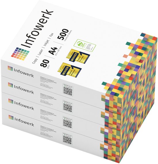 Stapel Infowerk A4 papier van 80g, 4x 500 vellen. De zijkanten tonen een kleurrijke mozaïek van vierkantjes. De verpakking is wit met "Infowerk" logo's.