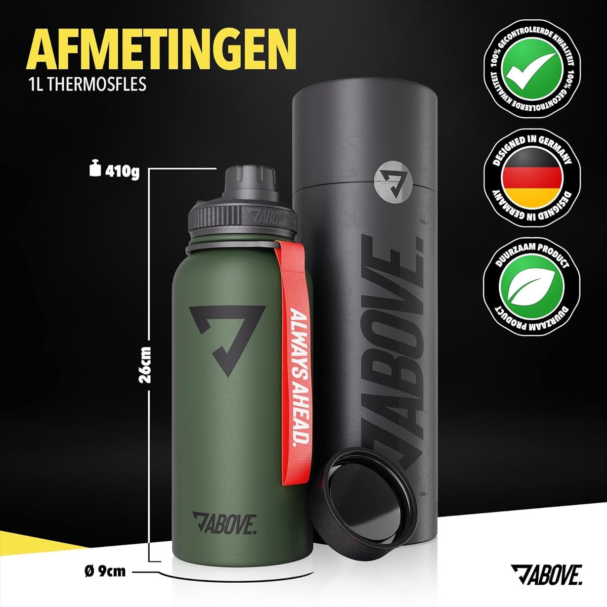 ABOVE. Drinkfles Roestvrij Staal 1L I Extra Drinkdop I Dubbelwandige Thermosfles houdt tot 12H Warm & 24H Koud I 100% BPA Vrij I Robuust en Lekvrij voor Fitness, Sport & Outdoor (Olijf-Rood) thumbnail 2
