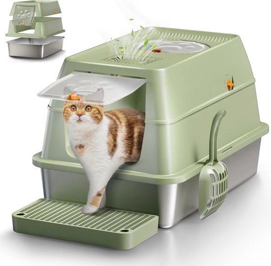 Bartuke Kattenbak Roestvrij Staal, XXXL Metalen Hoge Kattentoilet met Schep, Lekvrij, Gemakkelijk Schoon te Maken Voor Grote Katten/Meerdere Katten (Lichtgroen