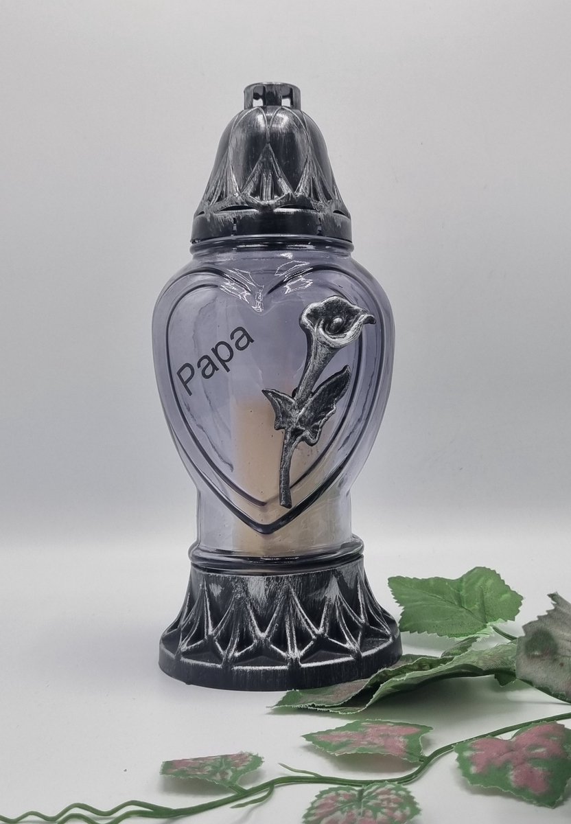 Herdenkingslicht - Papa - Calla - P39a - Zilver - Grijs glas - Grafkaars - Graflicht - Graflantaarn - Windlicht