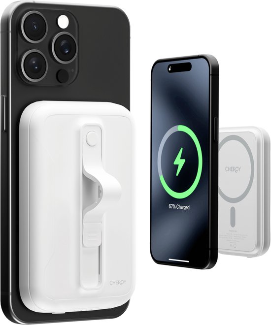 Batterie externe magnétique blanche ChargePack Mini attachée à l'arrière d'un iPhone. Un autre iPhone affiche 67% chargé.