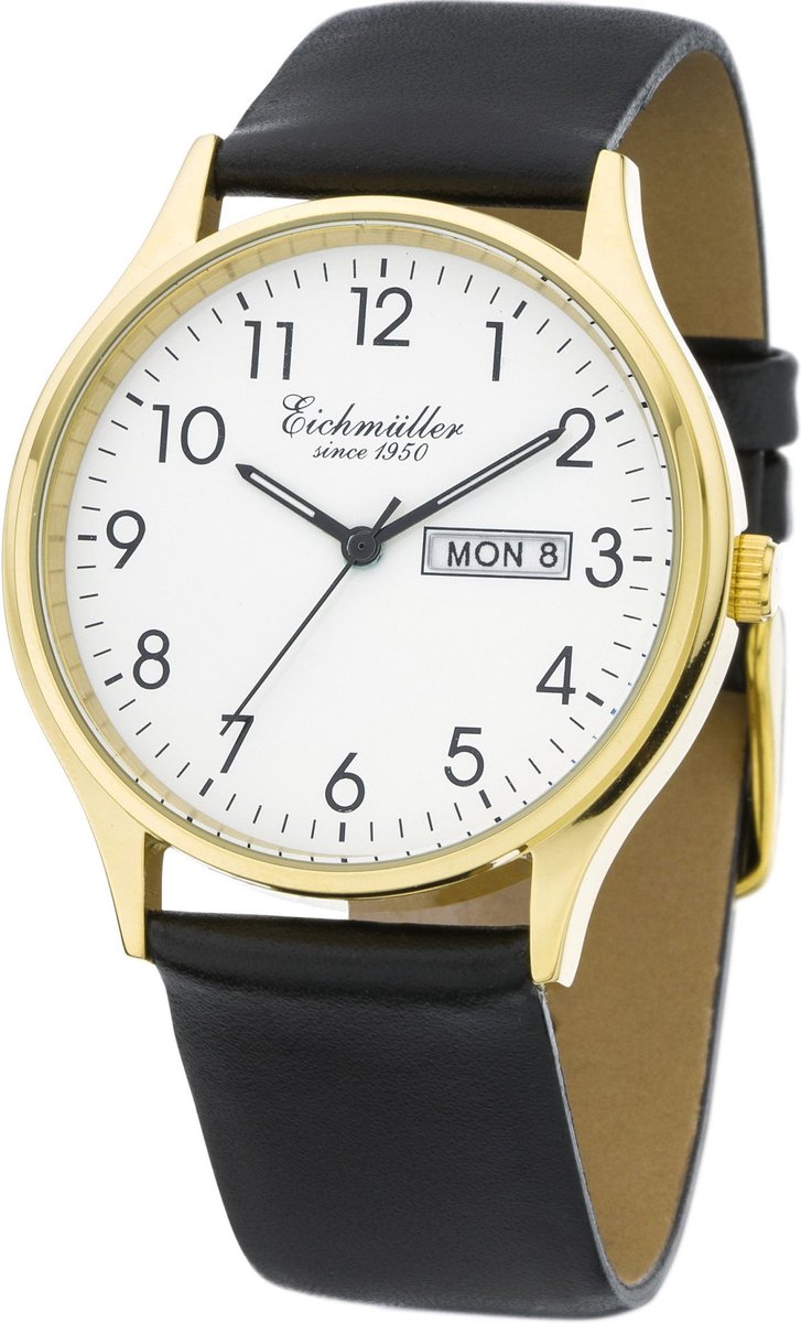 Eichmüller Klassiek Herenhorloge met Dag en Datum - Goud Edelstaal - Bruine Horlogeband - Witte Wijzerplaat - Quartz Uurwerk - 38 mm