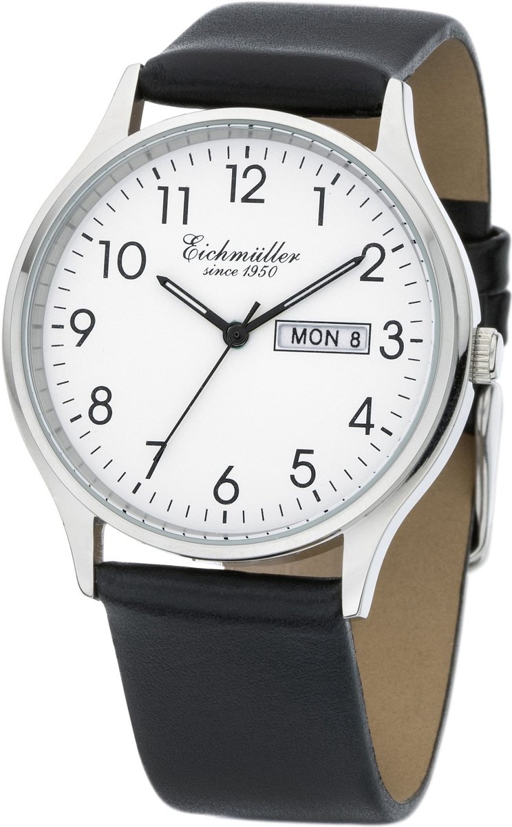 Eichmüller Klassiek Herenhorloge met Dag en Datum - Edelstaal - Zwarte Horlogeband - Witte Wijzerplaat - Quartz Uurwerk - 38 mm