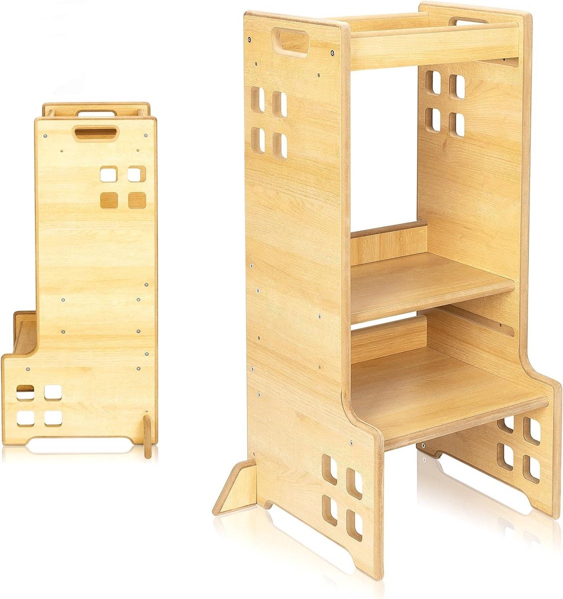 Montessori Leather Tower 2 in 1 - Wooden Leather Chair with Bookshelf - Adjustable in 3 Heights - Stable - 88 cm High - Carrying Handles - Rounded Edges - 1 Year Up to 30 kg Kitchen Aid by Cass