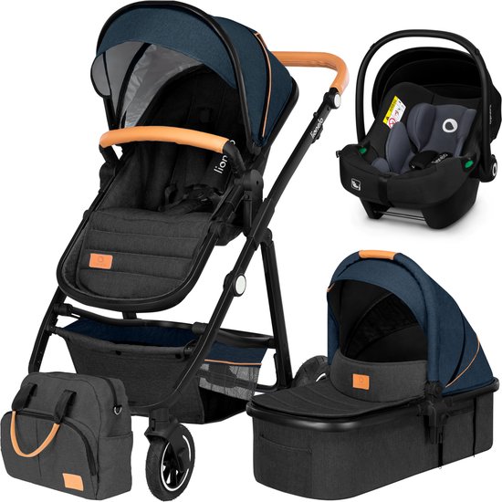 Lionelo Amber 3 in 1 Kinderwagen 3in1 — Reiswieg Buggy Baby Autostoel — ADAC geteste set — Vanaf geboorte (0-22 kg, tot 4 jaar) — Geveerde Pompwielen — Zacht Babymatras — Compact Snel Opvouwbaar — Babytas — Regenscherm — Insectennet — Autostoeltje