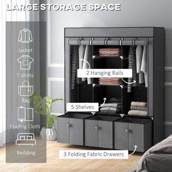 HOMCOM Opvouwbare Stoffen Kledingkast Met Rekken, Laden En Ritssluiting - Donkergrijs 125 X 43 X 162,5 Cm - Ruimtebesparend En Praktisch