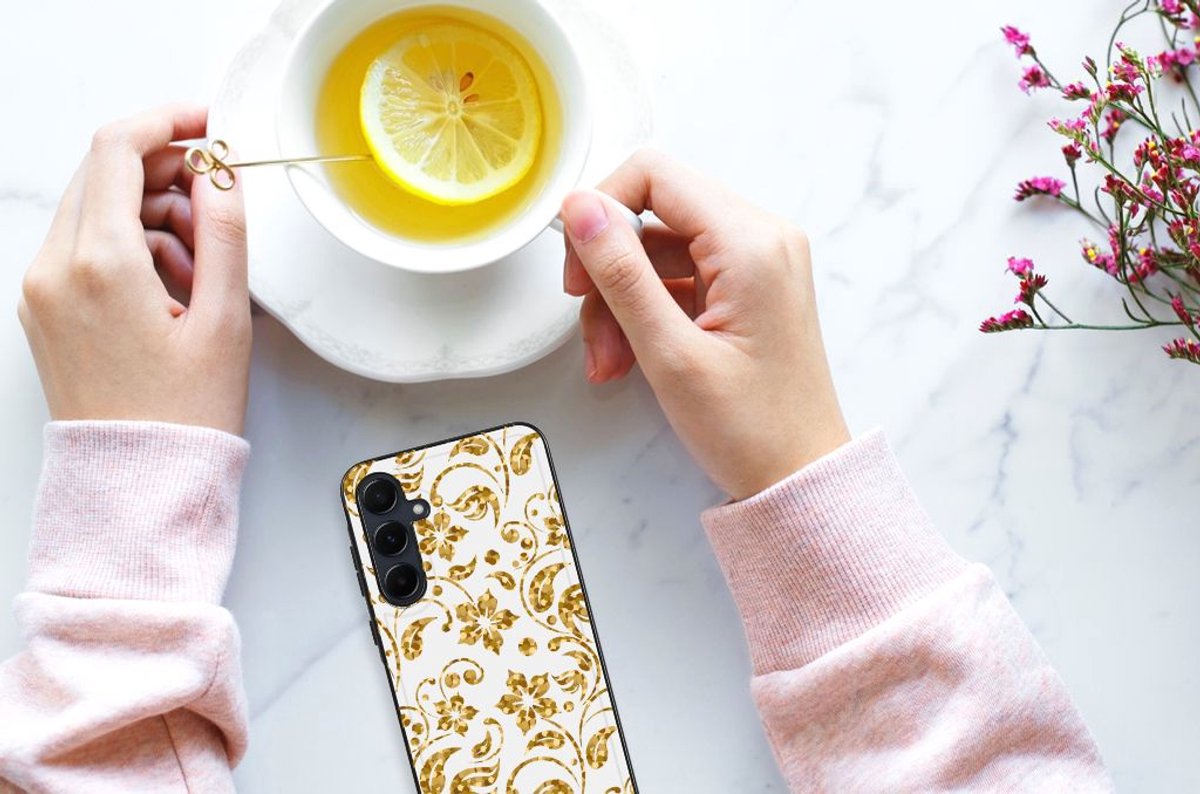 Samsung Galaxy A55 Bloemen Hoesje Gouden Bloemen