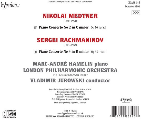 Achterkant CDhoes met: Nikolai Medtner Piano Concerto No 2, Sergei Rachmaninov Piano Concerto No 3, Marc-André Hamelin (piano), London Philharmonic Orchestra (Pieter Schoeman leader), Vladimir Jurowski (conductor). Hyperion Records.