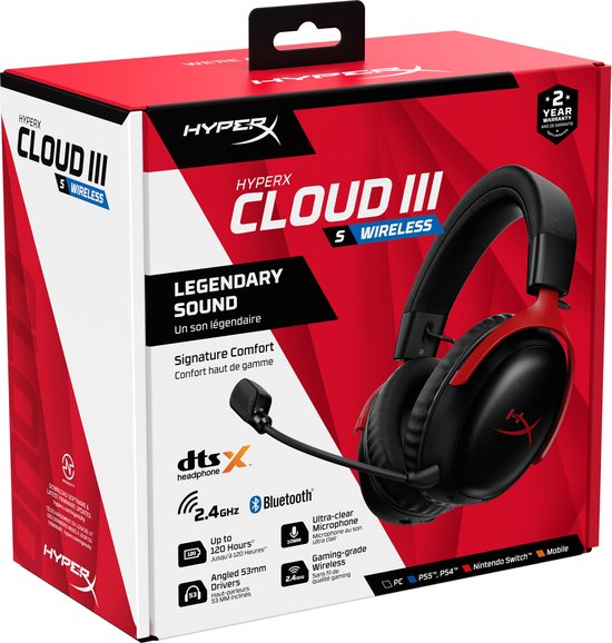 Verpakking en zwarte en rode HyperX Cloud III S Wireless gamingkoptelefoon met accessoires en specificaties.
