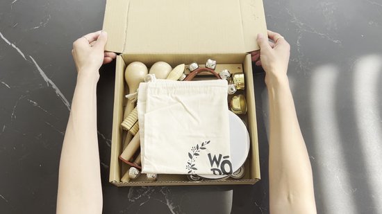 WoodyDoody Montessori Speelgoed Muziek Instrumenten Set van Hout Hoogwaardig Houten Speelgoed Instrumenten Set - Educatief Speelgoed Muziek Set 14 Delig van Hout - Leren Instrumenten Spelen Set - incl Linnen Opbergtas