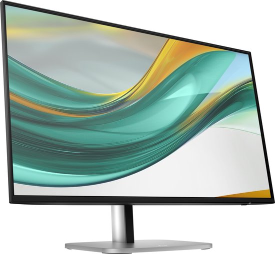 Schuine vooraanzicht van een zwarte monitor met een abstract patroon op het scherm.