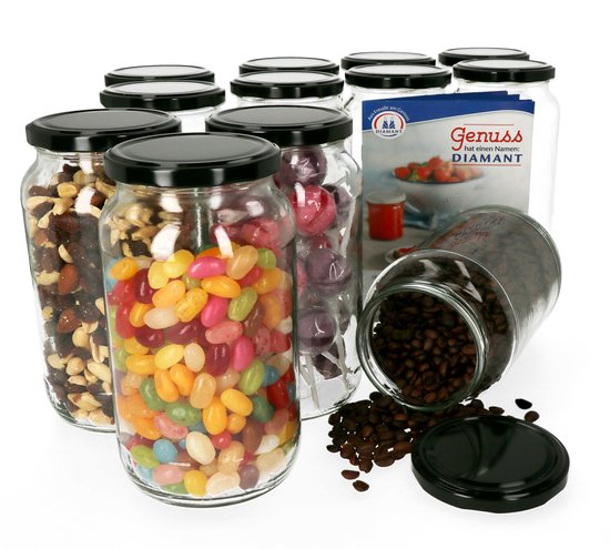 Set van 12 ronde potten 1062 ml To 82 Zwart deksel incl. Diamant Gelierzauber receptenboekje