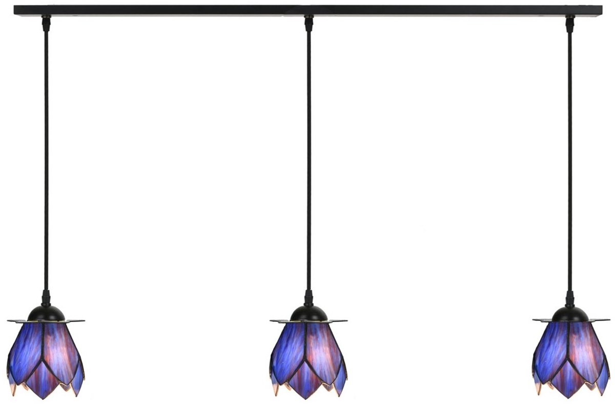 3 x Tiffany ''Blue Lotus'' lampen aan plafondbalk - Art Deco Trade