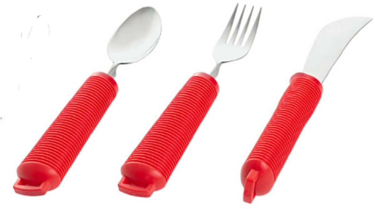 Vitility - Ergonomische Bestekset - Rood – Buigbaar Mes, Vork en Lepel met Antislip Ribbelgrip – Geschikt bij Beperkte Handfunctie