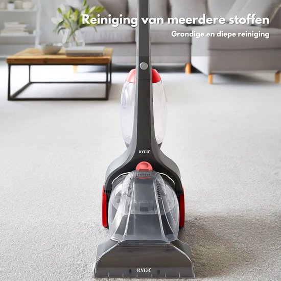 Grijze en rode tapijtreiniger met transparante tanks, in een woonkamer.