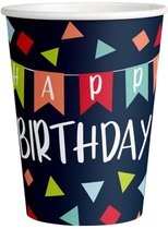 Set 8 kartonnen verjaardags FSC bekers 250ml "Happy Birthday", navy blauw met confetti