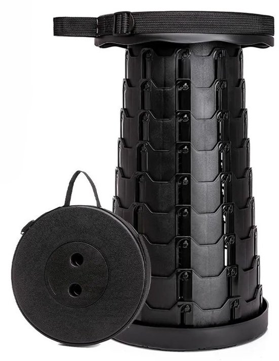 Tabouret pliant - Tabouret Plein air - Tabouret pliable - Tabouret en plastique - Tabouret de camping - Tabouret portable - Réglable - Tabouret télescopique - Chaise de pique-nique - Chaise de Festival d'été - Repose-pieds - Jusqu'à 45 cm - Zwart