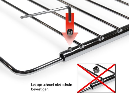 Detailopname van verstelbaar ovenrooster met schroef en inbussleutel.