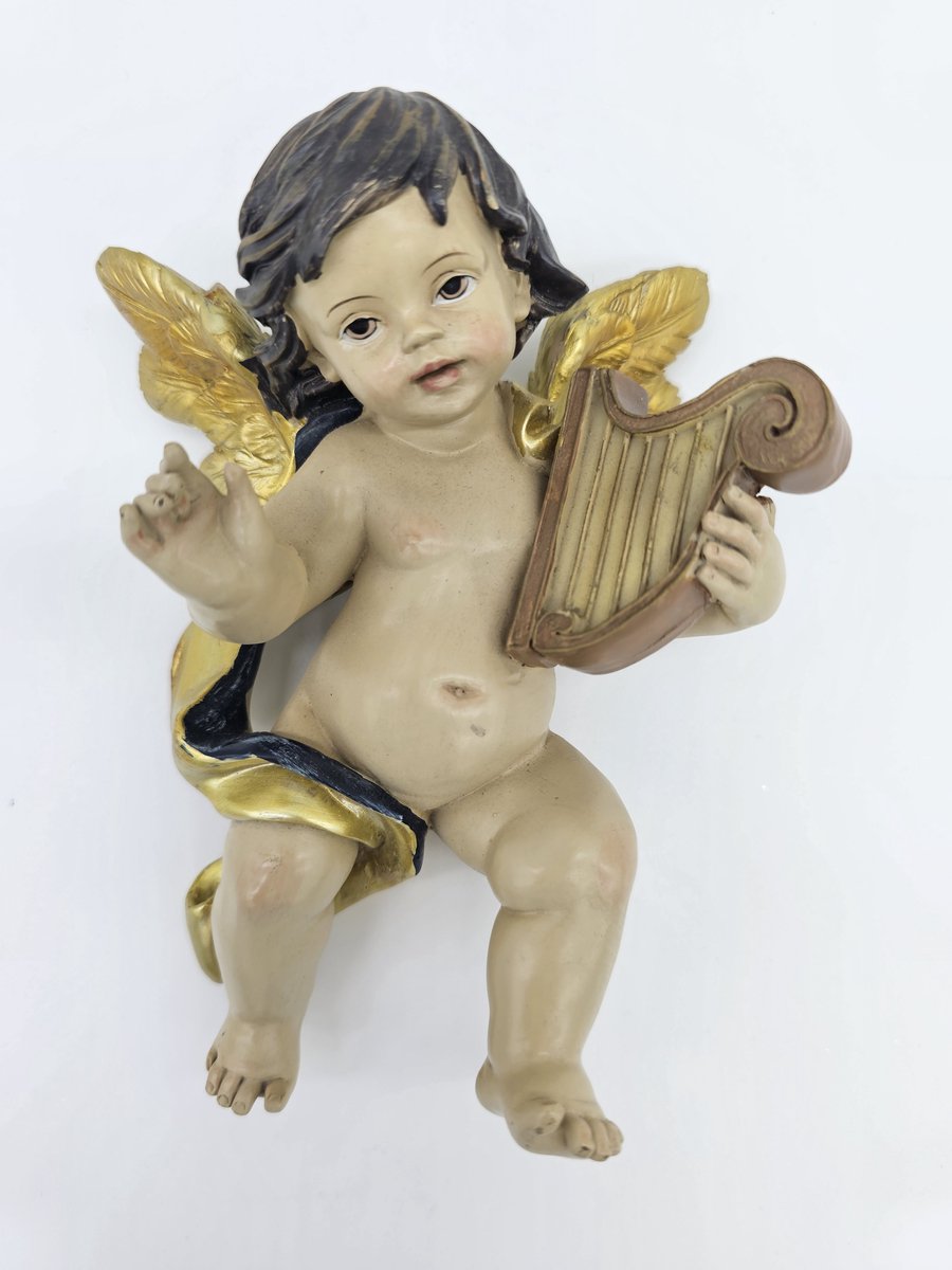 Engel met Harp - 16 cm - hangend beeld - materiaal polystone massief - zware kwaliteit