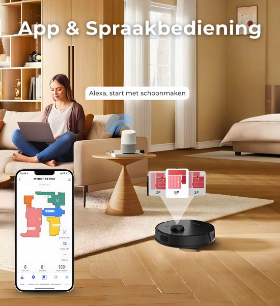 Zwarte robotstofzuiger met app- en spraakbediening, toont kaart en vrouw met laptop.