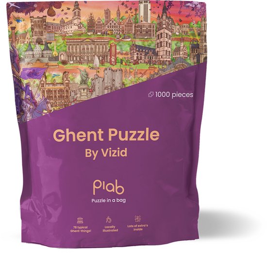 Paarse verpakking van de Gent Puzzel 'Puzzle in a bag' met 1000 stukjes.