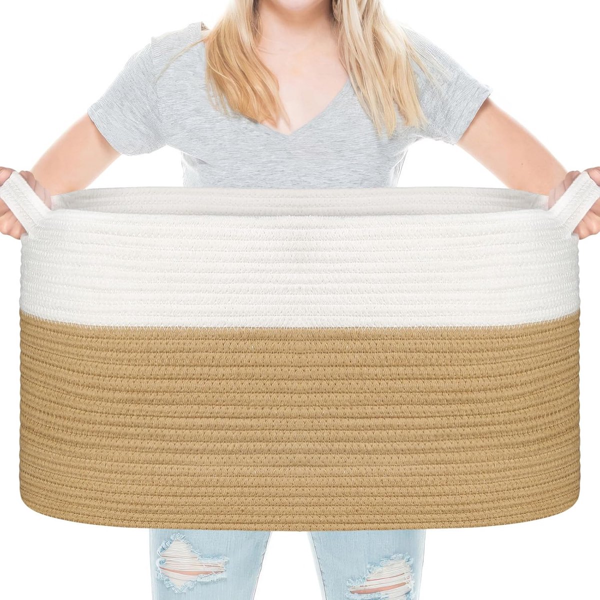 Grote opbergmand voor dekens en kussens - 65 liter - wit-bruin - katoen