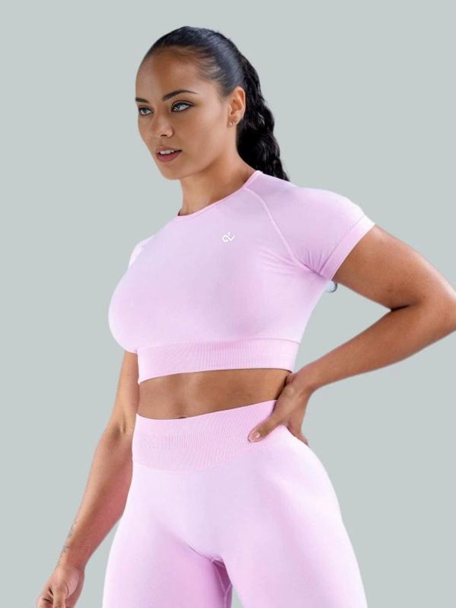 DV – Roze – M – SportCrop – SculptWear – Dames – Korte Mouwen - Sport Shirt- Aansluitend, Ademend, Zweetafvoerend