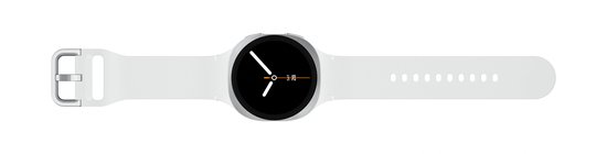 Witte smartwatch met zilverkleurige kast en zwart wijzerplaat, liggend.