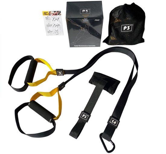 DW4Trading Suspension Trainer Pro1 set met zwarte en gele banden, handvatten, opbergzak en handleiding.