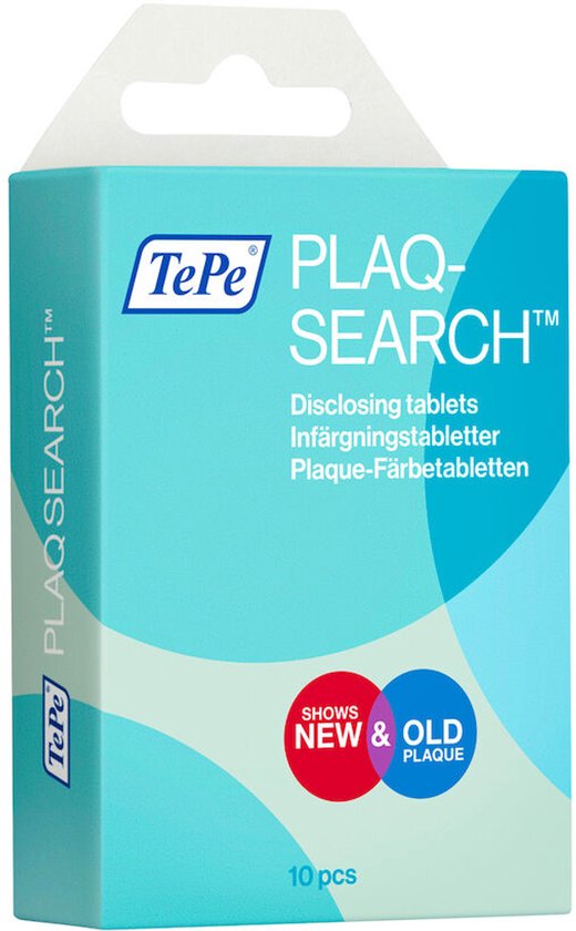 Doosje TePe Plaqsearch, turquoise en blauw, met rode en blauwe cirkels die nieuwe en oude plaque aangeven. 10 stuks.