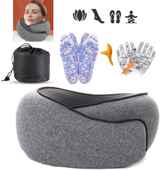 WoodyDoody Nekkussen Sjaalkussen met Reflexologie SET - Reiskussen – Massagekussen voor op Reis - Vliegtuig Ontspanning Wellness Ervaring - Auto - Traagschuim - Memory Foam met Sluiting 360 Graden Ondersteuning voor Volwassenen en Kinderen - Grijs