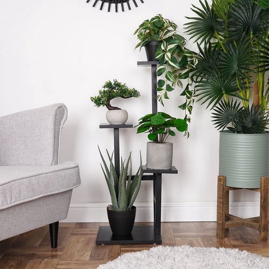 DEFACTO Bloemenrek van metaal, 4 planken, weerbestendig plantenrek, H x B x D: 157 x 44 x 24 cm, zwart als plantentrap, bloemenstandaard, tuinrek, bloemenbank, plantenrekken