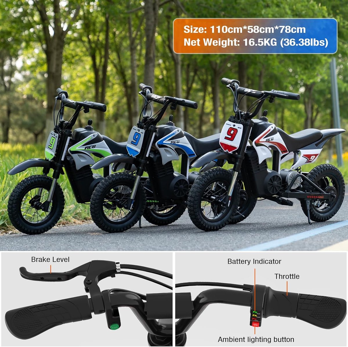 RCB 36V Elektrische Crossmotor (5-10 jaar) - 350W elektrische kindermotor - 3 Versnellingen-Max 25 km/u - Blauw — afbeelding 8