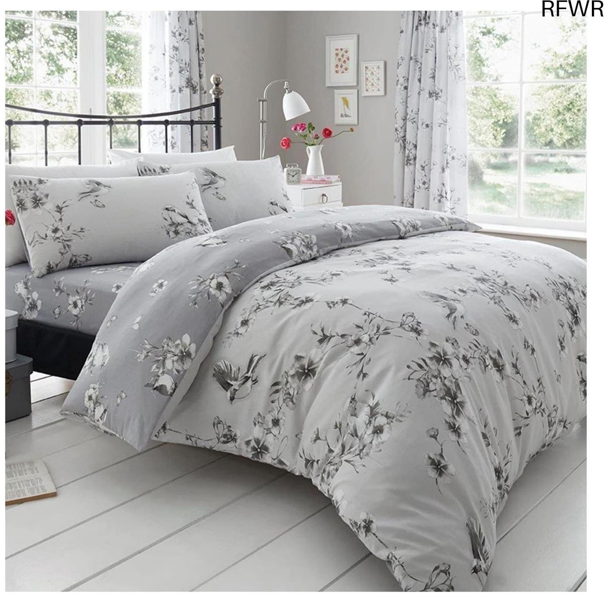 RFWR Luxe BIRDIE BLOSSOM Eenpersoons Bed Set - Dekbedovertrek en Kussensloop in Grijs