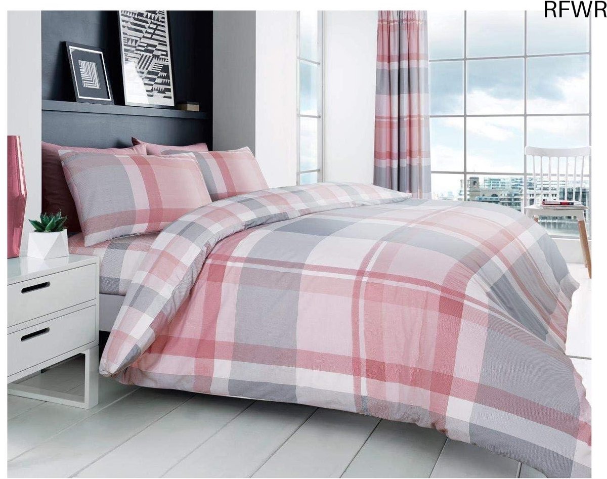 RFWR Luxe geruite dekbedovertrek Quilt Set - Omkeerbaar beddengoed - Poly Katoen - Blush Roze - Eenpersoons
