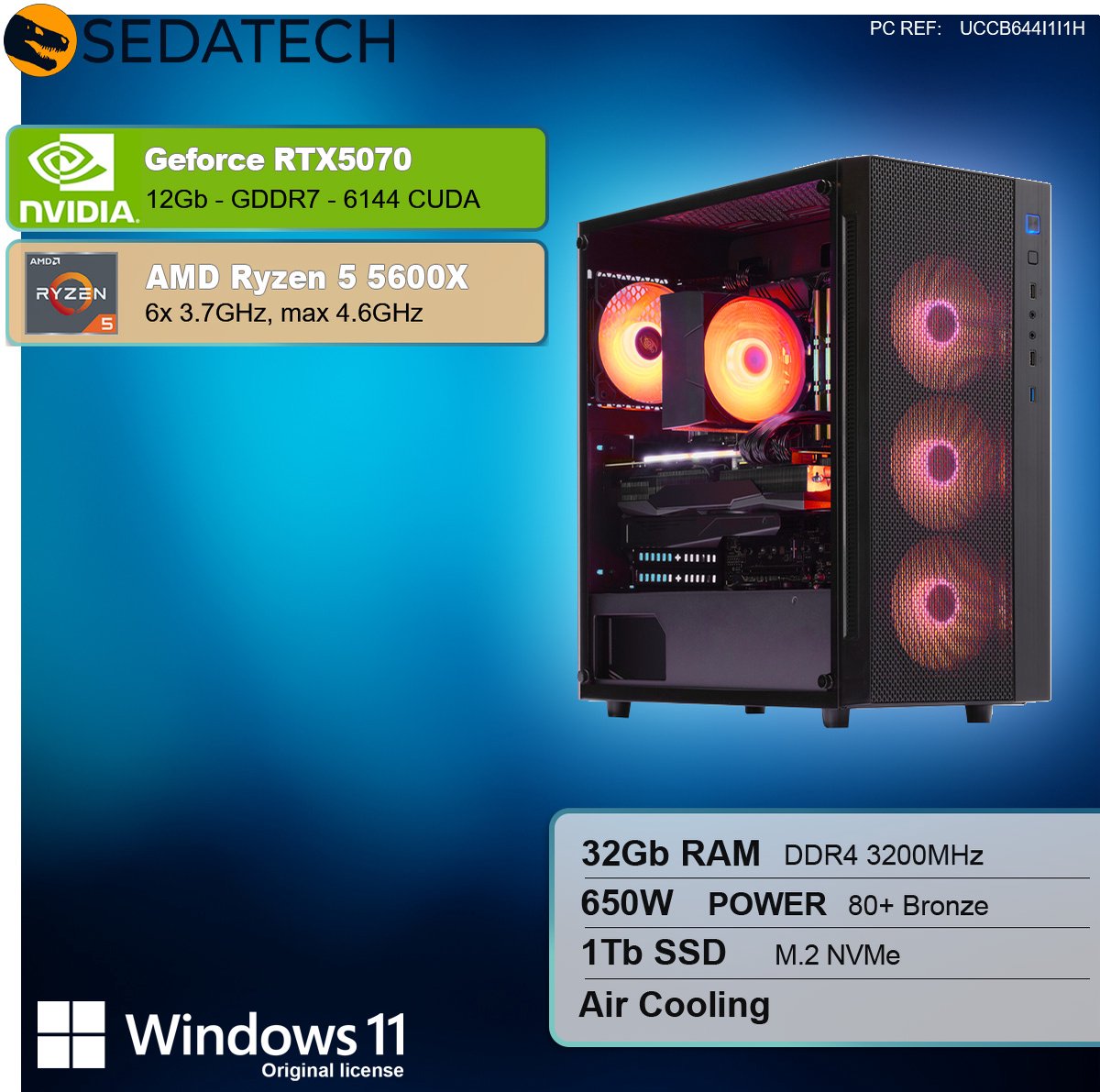 Sedatech Advanced Gaming PC Compact • AMD Ryzen 5 5600X 6x 3.7GHz • Geforce RTX 5070 • 32Gb RAM • 1Tb SSD M.2 • WiFi • Windows 11 • Desktop computer thumbnail 3