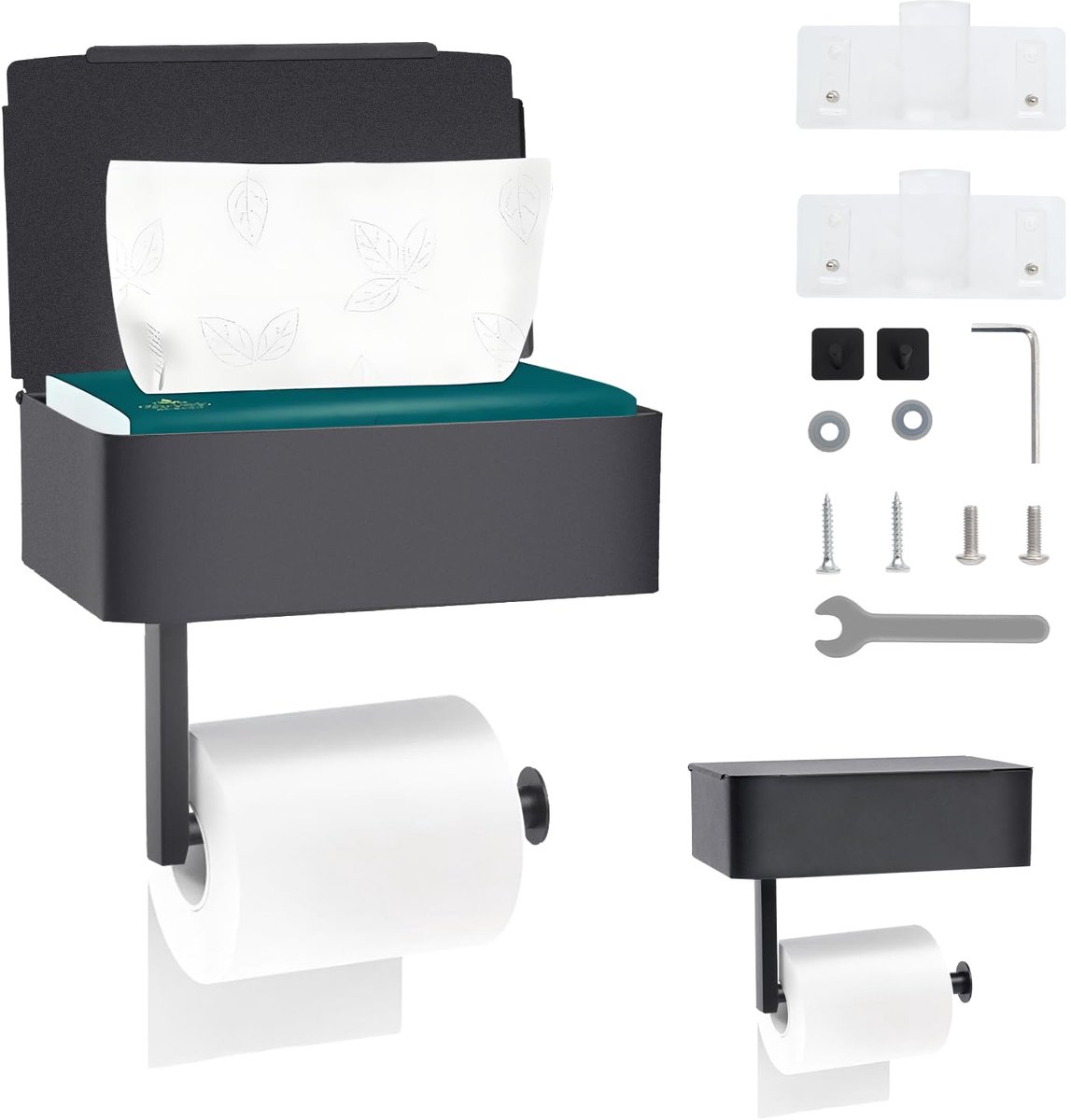 Ibenzoa® Elegante Zwarte Toiletpapierhouder Met Vochtige Doekjesbox En Dubbele Installatieopties