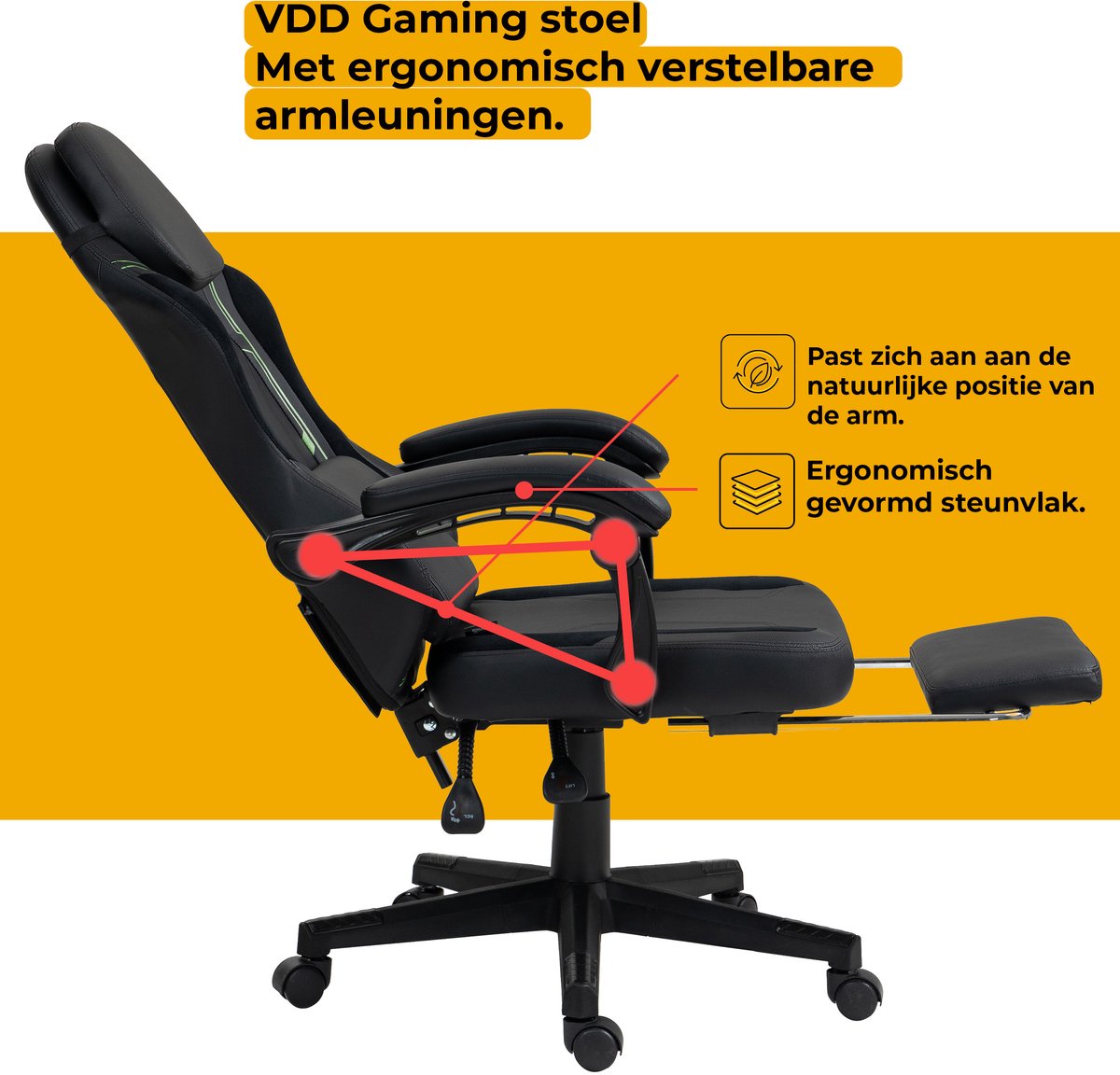 Afbeelding 2 van VDD Gaming - Gamestoel met massagefunctie en voetsteun - Gaming chair in de kleur zwart/groen - Game stoel met nekkussen & verstelbaar rugkussen - Ergonomische bureaustoel met padded armsteunen - Max draagvermogen 150 kg - Verstelbare ruggensteun