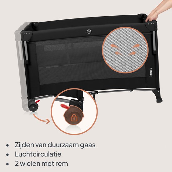 Lionelo Ellen Reisbedje 3 in 1 - Aanschuifbedje, Baby- & Peuterbed - Campingbed - 2 Matrasposities - Opvouwbaar - Wieltjes met Rem - Inclusief Draagtas - Tot 15 kg van LIONELO — afbeelding 4