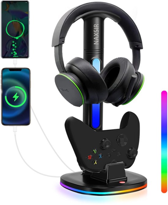 NAXSIR Xbox Controller Oplaadstation met Hoofdtelefoonhouder - RGB Verlichting, Afneembare Standaard & Snel Opladen (Compatibel met Xbox One/Series X/S) - Opbergstandaard voor Controllers + Headset