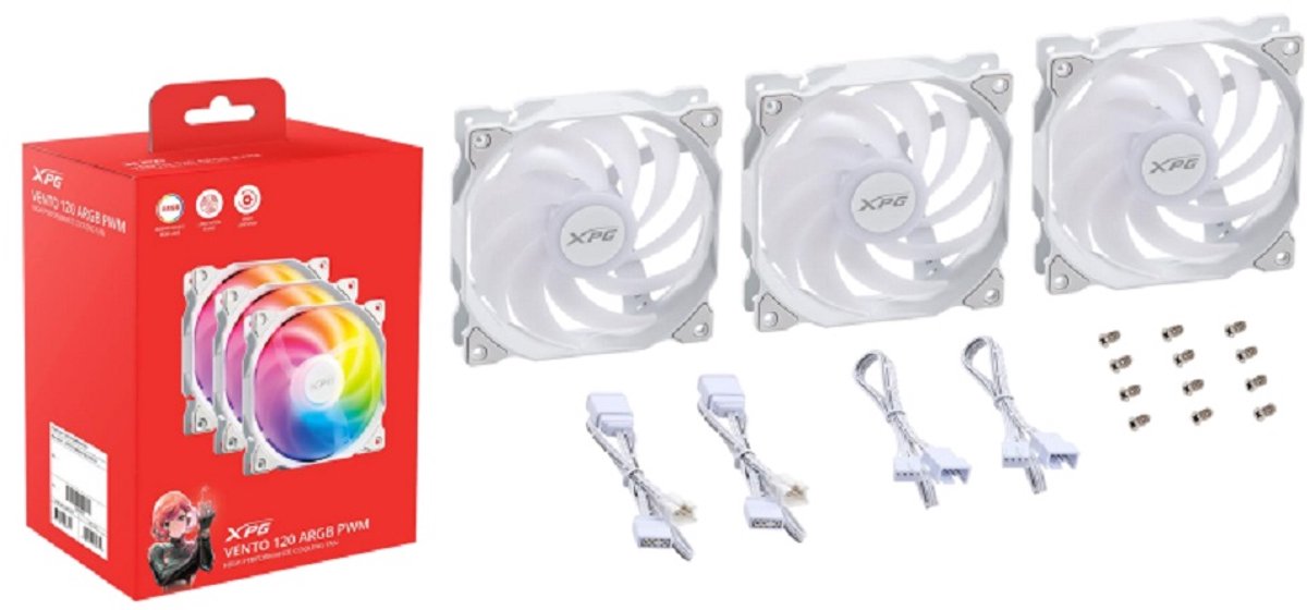 XPG VENTO 120 ARGB PWM 3 Pack, White, Rifle Bearing, 120mm Fan, 4-Pin PWM, Speed: 300-1850 RPM, Max Air Flow: 50.27 CFM, Fan Noise: 24 dBA