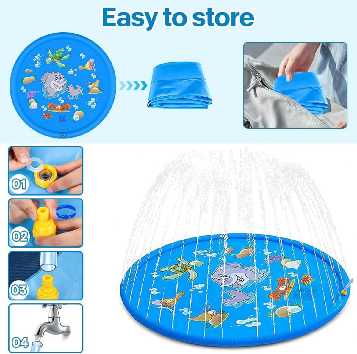 170 cm extra grote ronde dolfijn sproeier en water speelmat—verdikte antislip water sproeier mat opblaasbaar water speelgoed,—cadeau voor kinderen en honden,—zomer tuin buiten spelen (blauw) – foto 7