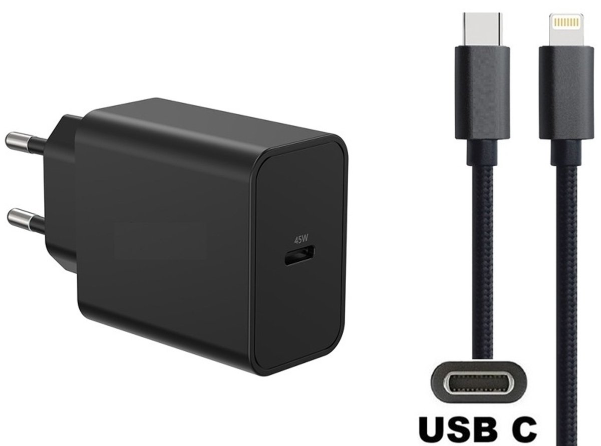 OneOne 45W super snellader + 2,0m OneOne USB C naar Lightning kabel. PD lader. Universele oplader adapter past op Apple iPhone 14 Pro, 14 Pro Max, iPad Mini, Mini 2, Mini 3, Mini 4, Mini 5, iPad Air, Air 2, Air 3