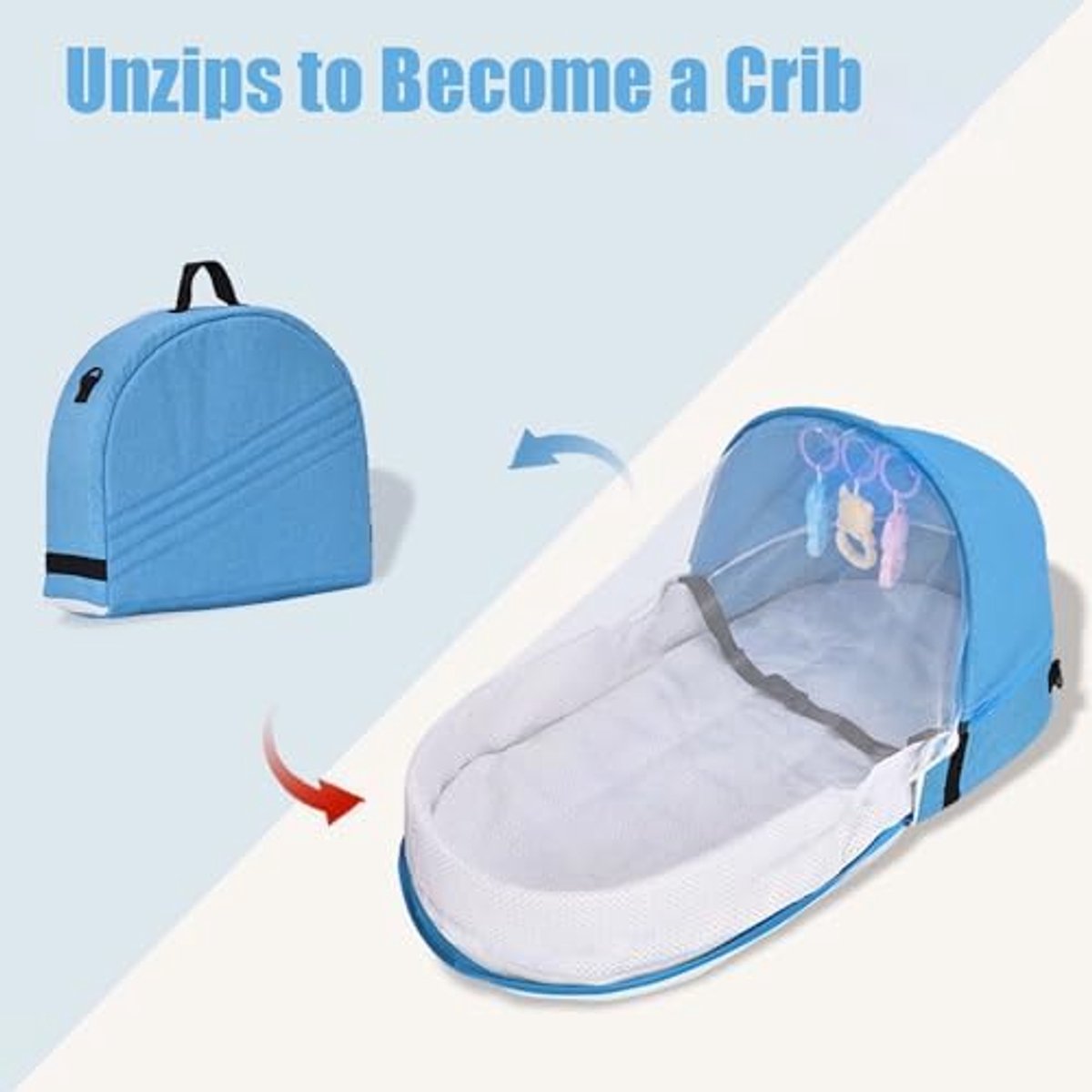 Draagbare Babywieg - Opvouwbaar Reisbedje - Baby Campingbedje - Met Speeltjes - Klamboe & Zonnekap - Lichtgewicht Babybed - 0-10 Maanden - Baby Nest Voor Buiten & Binnen - Makkelijk Mee Te Nemen - Blauw - 80x40x45 cm – foto 4