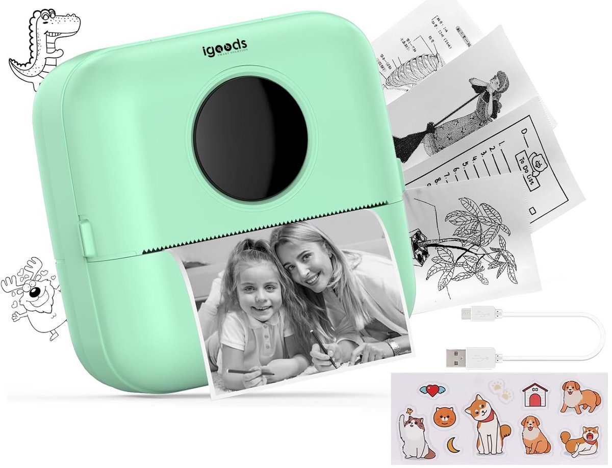 Igoods Mini Printer - Pocket Printer - Draagbare Printer - Bluetooth Printer - Fotoprinter - Draadloos - Oplaadbaar - Groen