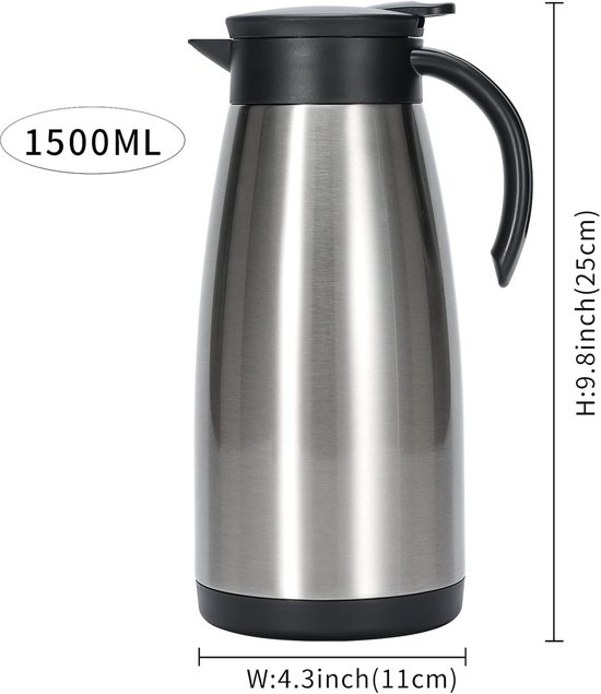 Thermos 1,5L Avec Passoire à Thé – Inox, Noir, Garde Au Chaud 12h / Froid 18h