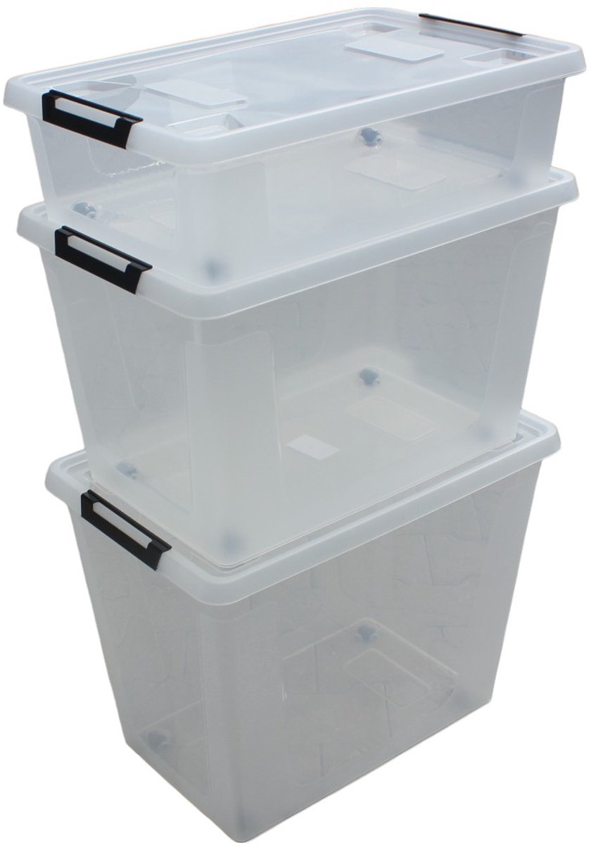 HL opbergboxen met deksels - Set van 3 - 30 liter, 60 liter, 80 liter - Opbergdoos met wieltjes - Kunststof - Transparant - Stapelbaar